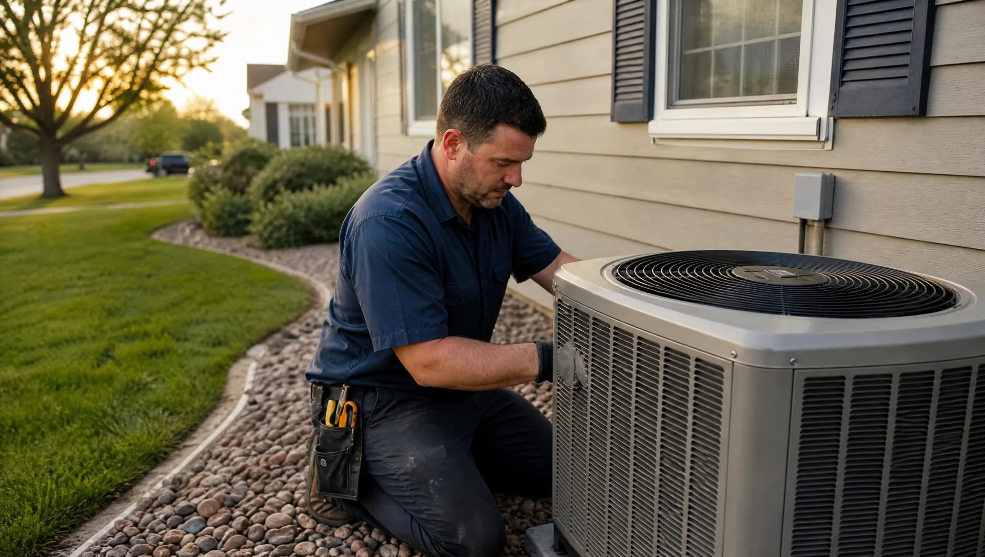 Kestrel technician servicing an outdoor AC unit beside a Longmont home at sunset