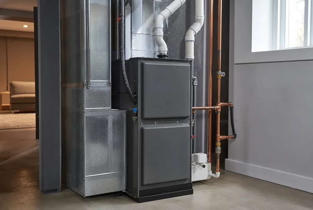 New high-efficiency furnace in a finished basement