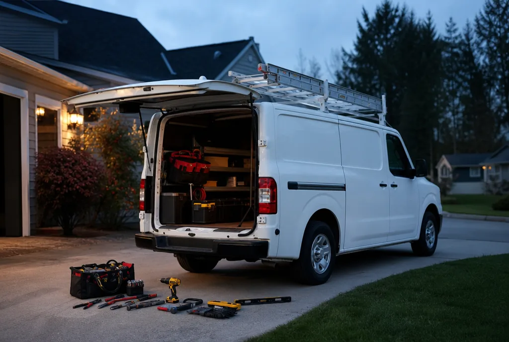 Service van in a driveway with tools laid out